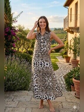Vanessa Alexandra 100% Linen Maxi Dress Animal Print Flowy Oversized XS-S